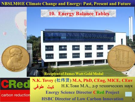 1 N.K. Tovey ( 杜伟贤 ) M.A, PhD, CEng, MICE, CEnv Н.К.Тови М.А., д-р технических наук Energy Science Director CRed Project HSBC Director of Low Carbon Innovation.
