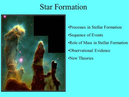 Star Formation Processes in Stellar Formation Sequence of Events Role of Mass in Stellar Formation Observational Evidence New Theories.
