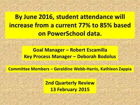 By June 2016, student attendance will increase from a current 77% to 85% based on PowerSchool data. Goal Manager – Robert Escamilla Key Process Manager.