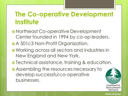 Www.cdi.coop The Co-operative Development Institute  Northeast Co-operative Development Center founded in 1994 by co-op leaders.  A 501c3 Non-Profit.