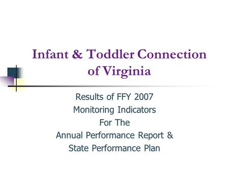 Infant & Toddler Connection of Virginia Results of FFY 2007 Monitoring Indicators For The Annual Performance Report & State Performance Plan.