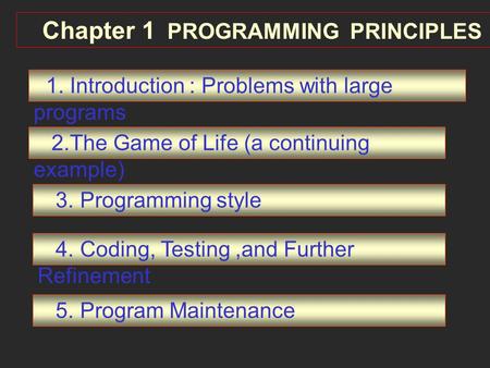 Chapter 1 PROGRAMMING PRINCIPLES 1. Introduction : Problems with large programs 2.The Game of Life (a continuing example) 3. Programming style 4. Coding,