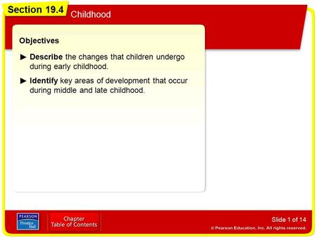 Section 19.4 Childhood Slide 1 of 14 Objectives Describe the changes that children undergo during early childhood. Section 19.4 Childhood Identify key.
