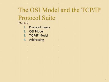 The OSI Model and the TCP/IP Protocol Suite Outline: 1.Protocol Layers 2.OSI Model 3.TCP/IP Model 4.Addressing 1.