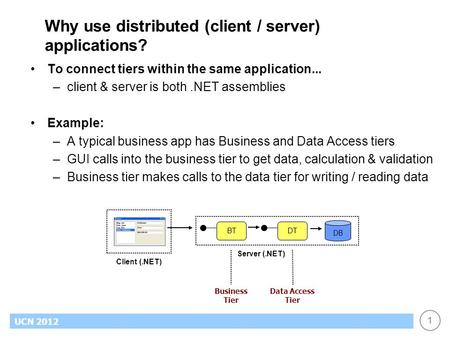 1 UCN 2012 Why use distributed (client / server) applications? To connect tiers within the same application... –client & server is both.NET assemblies.