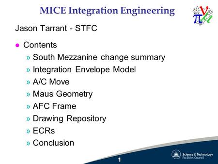 MICE Integration Engineering Jason Tarrant - STFC l Contents »South Mezzanine change summary »Integration Envelope Model »A/C Move »Maus Geometry »AFC.