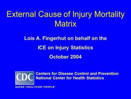 External Cause of Injury Mortality Matrix Lois A. Fingerhut on behalf on the ICE on Injury Statistics October 2004 Centers for Disease Control and Prevention.