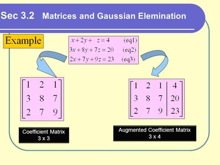Sec 3.2 Matrices and Gaussian Elemination Coefficient Matrix 3 x 3 Coefficient Matrix 3 x 3 Augmented Coefficient Matrix 3 x 4 Augmented Coefficient Matrix.