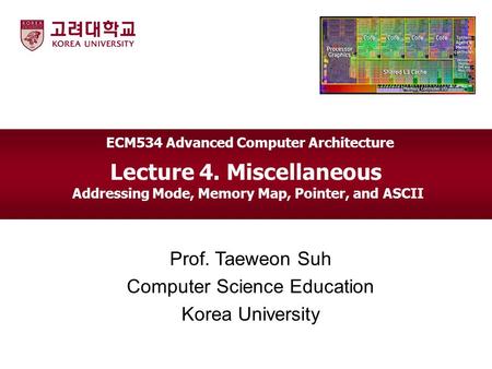 Lecture 4. Miscellaneous Addressing Mode, Memory Map, Pointer, and ASCII Prof. Taeweon Suh Computer Science Education Korea University ECM534 Advanced.