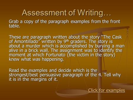 Assessment of Writing… Grab a copy of the paragraph examples from the front table. These are paragraph written about the story “The Cask of Amontillado”