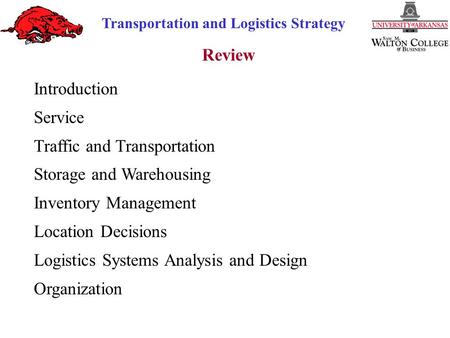 Transportation and Logistics Strategy Review Introduction Service Traffic and Transportation Storage and Warehousing Inventory Management Location Decisions.
