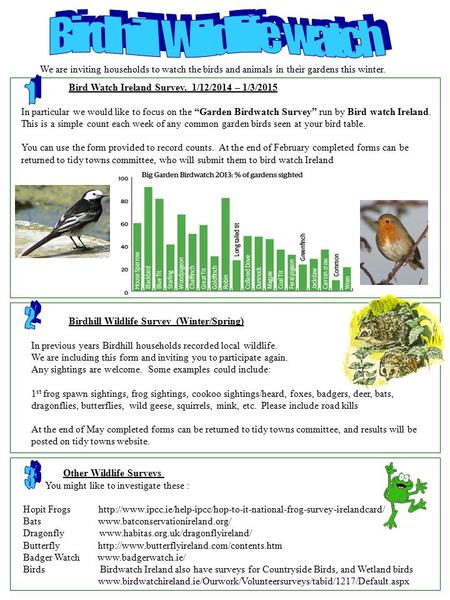 Bird Watch Ireland Survey. 1/12/2014 – 1/3/2015 In particular we would like to focus on the “Garden Birdwatch Survey” run by Bird watch Ireland. This is.