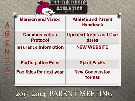 2013-2014 PARENT MEETING Mission and VisionAthlete and Parent Handbook Communication Protocol Updated forms and Due dates Insurance InformationNEW WEBSITE.