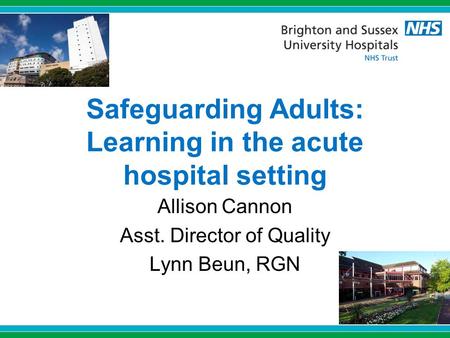 Safeguarding Adults: Learning in the acute hospital setting Allison Cannon Asst. Director of Quality Lynn Beun, RGN.