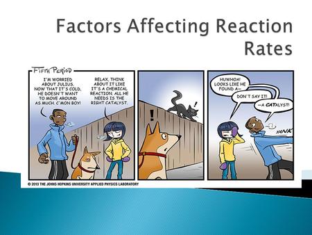  There are several factors affect reaction rates ◦ Concentration ◦ Surface area (Particle size) ◦ Temperature ◦ Catalysts ◦ Inhibitors.