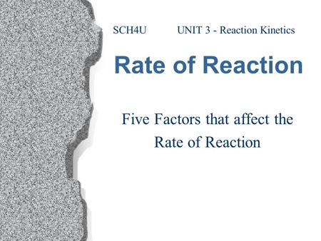 Rate of Reaction Five Factors that affect the Rate of Reaction SCH4U UNIT 3 - Reaction Kinetics.