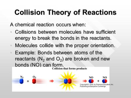 Collision Theory of Reactions A chemical reaction occurs when: Collisions between molecules have sufficient energy to break the bonds in the reactants.Collisions.