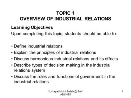 TOPIC 1 OVERVIEW OF INDUSTRIAL RELATIONS
