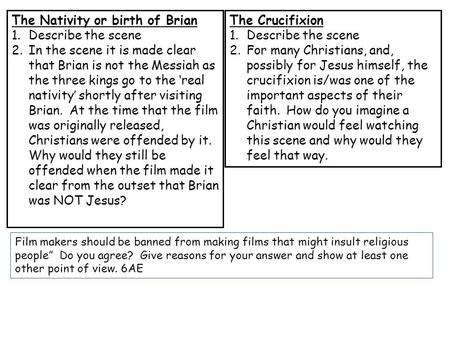 The Nativity or birth of Brian 1.Describe the scene 2.In the scene it is made clear that Brian is not the Messiah as the three kings go to the ‘real nativity’
