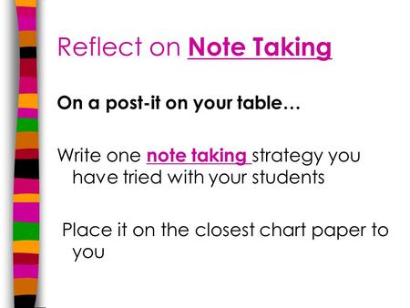 Reflect on Note Taking On a post-it on your table… Write one note taking strategy you have tried with your students Place it on the closest chart paper.