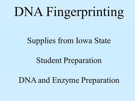 DNA Fingerprinting Supplies from Iowa State Student Preparation DNA and Enzyme Preparation.