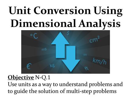 Unit Conversion Using Dimensional Analysis Objective N-Q. 1 Use units as a way to understand problems and to guide the solution of multi-step problems.