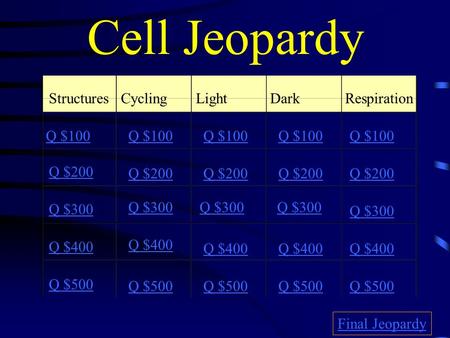 Cell Jeopardy StructuresCyclingLightDark Respiration Q $100 Q $200 Q $300 Q $400 Q $500 Q $100 Q $200 Q $300 Q $400 Q $500 Final Jeopardy.
