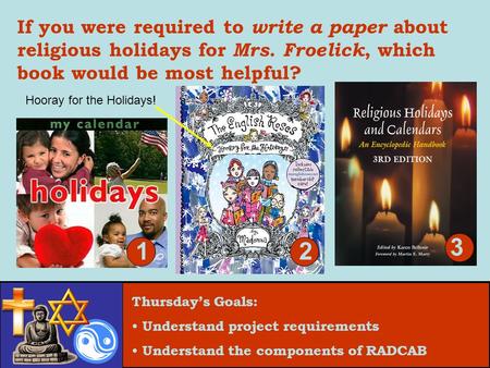 Thursday’s Goals: Understand project requirements Understand the components of RADCAB If you were required to write a paper about religious holidays for.