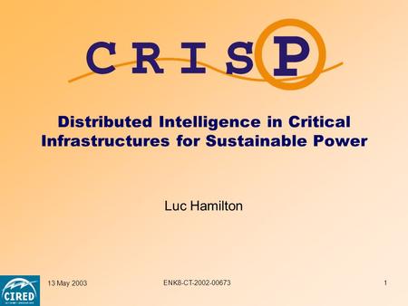 ENK8-CT-2002-00673 13 May 20031 Distributed Intelligence in Critical Infrastructures for Sustainable Power Luc Hamilton.