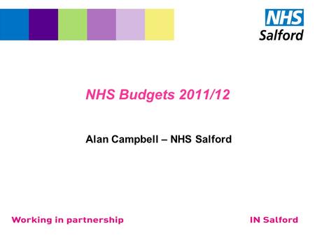 NHS Budgets 2011/12 Alan Campbell – NHS Salford. Introduction National Policy for Health Organisational change Quality Innovation Productivity and Prevention.