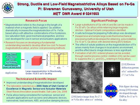 Strong, Ductile and Low-Field Magnetostrictive Alloys Based on Fe-Ga PI: Sivaraman Guruswamy, University of Utah MET DMR Award # 0241603 Technical and.