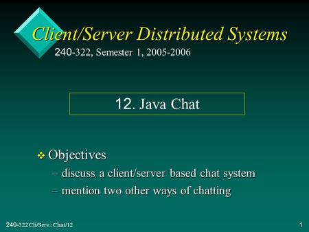 240-322 Cli/Serv.: Chat/121 Client/Server Distributed Systems v Objectives –discuss a client/server based chat system –mention two other ways of chatting.