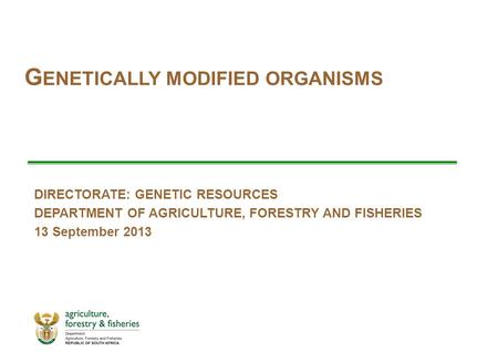 DIRECTORATE: GENETIC RESOURCES DEPARTMENT OF AGRICULTURE, FORESTRY AND FISHERIES 13 September 2013 G ENETICALLY MODIFIED ORGANISMS.