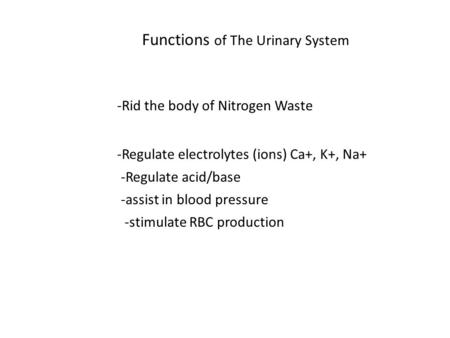 Functions of The Urinary System -Rid the body of Nitrogen Waste -Regulate water balance -Regulate electrolytes (ions) Ca+, K+, Na+ -Regulate acid/base.