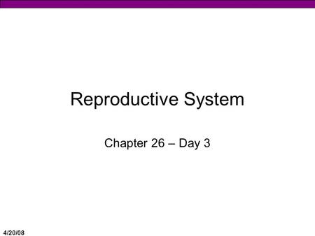 4/20/08 Reproductive System Chapter 26 – Day 3. 4/20/08 Gametogenesis  Production of gametes = haploid “sexual reproduction” cells  Testes = Spermatogenesis.