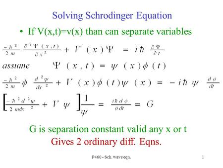 P460 - Sch. wave eqn.1 Solving Schrodinger Equation If V(x,t)=v(x) than can separate variables G is separation constant valid any x or t Gives 2 ordinary.