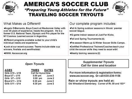 AMERICA’S SOCCER CLUB “Preparing Young Athletes for the Future” TRAVELING SOCCER TRYOUTS Open Tryouts AGESTIMESDATES Girls U15 – U18Call for tryout time.