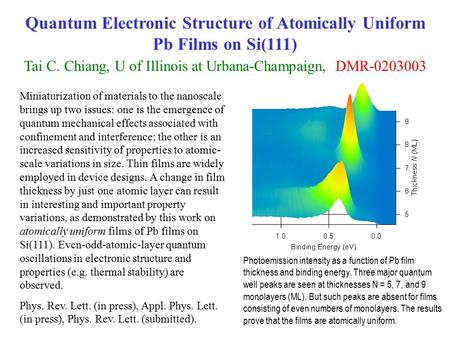 Quantum Electronic Structure of Atomically Uniform Pb Films on Si(111) Tai C. Chiang, U of Illinois at Urbana-Champaign, DMR-0203003 Miniaturization of.
