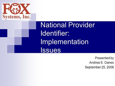 National Provider Identifier: Implementation Issues Presented by Andrea S. Danes September 25, 2006.