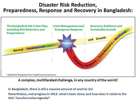 Disaster Risk Reduction, Preparedness, Response and Recovery in Bangladesh: A complex, multifaceted challenge, in any country of the world! In Bangladesh,