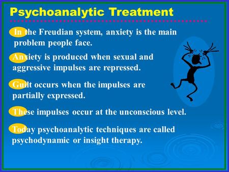 Psychoanalytic Treatment In the Freudian system, anxiety is the main problem people face. Anxiety is produced when sexual and aggressive impulses are repressed.