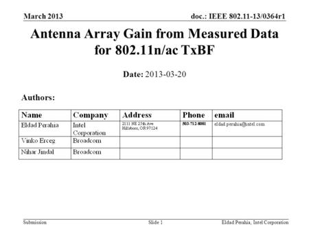 Doc.: IEEE 802.11-13/0364r1 SubmissionEldad Perahia, Intel CorporationSlide 1 Date: 2013-03-20 Authors: Antenna Array Gain from Measured Data for 802.11n/ac.