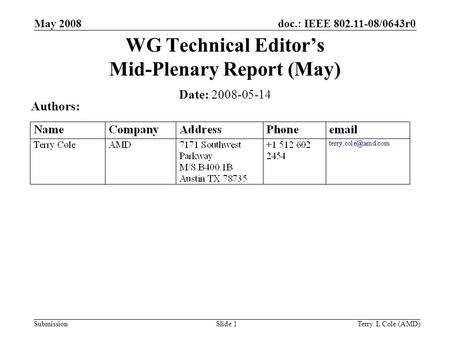 Submission doc.: IEEE 802.11-08/0643r0May 2008 Terry L Cole (AMD)Slide 1 WG Technical Editor’s Mid-Plenary Report (May) Date: 2008-05-14 Authors: