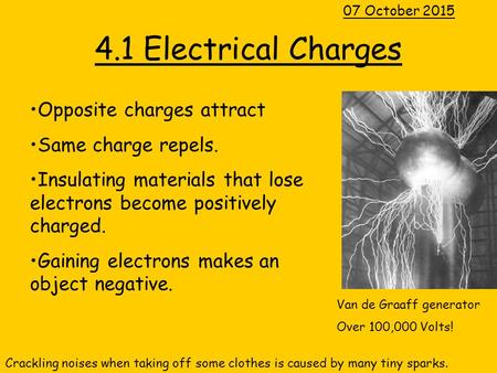4.1 Electrical Charges Opposite charges attract Same charge repels.