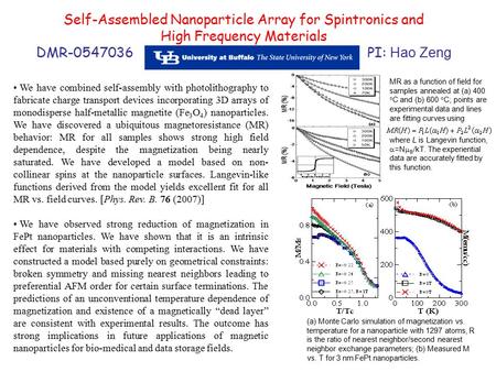 Self-Assembled Nanoparticle Array for Spintronics and High Frequency Materials DMR-0547036 PI: Hao Zeng We have combined self-assembly with photolithography.