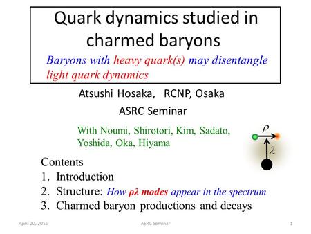 Quark dynamics studied in charmed baryons April 20, 2015ASRC Seminar1 Atsushi Hosaka, RCNP, Osaka ASRC Seminar Contents 1. Introduction 2. Structure: How.