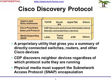 1 Cisco Discovery Protocol A proprietary utility that gives you a summary of directly connected switches, routers, and other Cisco devices CDP discovers.