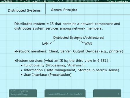 9.351 Systems Analysis & DesignDistributed Systems & User Interface1 Distributed Systems Distributed system = IS that contains a network component and.