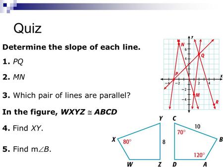 Quiz Determine the slope of each line. 1. PQ 2. MN 3. Which pair of lines are parallel? In the figure, WXYZ  ABCD 4. Find XY. 5. Find mB.