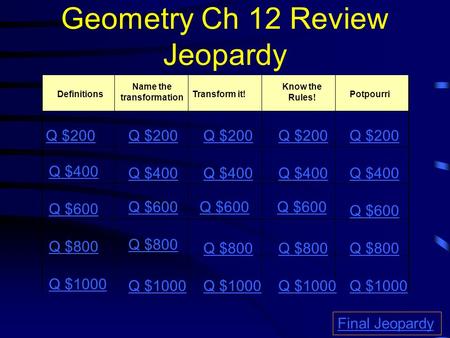 Geometry Ch 12 Review Jeopardy Definitions Name the transformation Transform it!Potpourri Q $200 Q $400 Q $600 Q $800 Q $1000 Q $200 Q $400 Q $600 Q $800.
